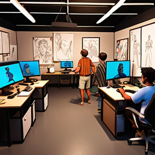 Home 4 **A bustling animation studio filled with artists working on "Hello, Yadu."** Show a mix of traditional hand-drawn animation (2D) alongside animators using computers for 3D modeling and animation. Include storyboards on the walls, character design sketches scattered around, and a general sense of creative energy. The lighting should be bright and focused, highlighting the dedication of the artists. Style: Concept art, emphasizing the collaborative and detailed nature of animation production.