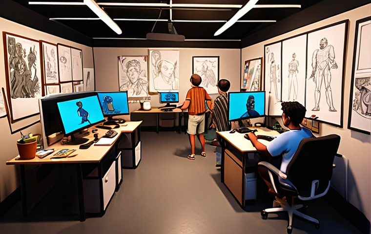 **A bustling animation studio filled with artists working on "Hello, Yadu."** Show a mix of traditional hand-drawn animation (2D) alongside animators using computers for 3D modeling and animation. Include storyboards on the walls, character design sketches scattered around, and a general sense of creative energy. The lighting should be bright and focused, highlighting the dedication of the artists. Style: Concept art, emphasizing the collaborative and detailed nature of animation production.